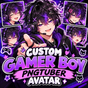 Op de afbeelding: Een digitale illustratie van een anime-figuur met zwart en paars haar en een koptelefoon, omringd door vier kleinere uitdrukkingen. De tekst luidt CUSTOM GAMER BOY PNGTUBER AVATAR in dikke witte en paarse letters.