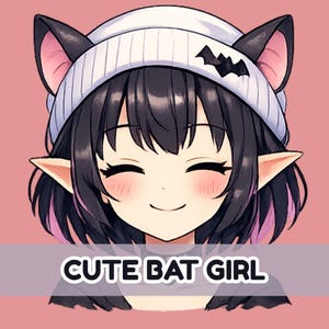 May include: An anime-style illustration of a smiling character with black hair and bat ears. The character wears a white beanie with a bat emblem. The text "CUTE BAT GIRL" is displayed below the character.