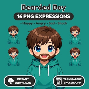 Puede incluir: Ilustración digital de un 'Bearded Boy' con cabello castaño, barba y ojos azules, vistiendo una sudadera con capucha verde azulado. La imagen muestra 16 expresiones PNG, incluyendo feliz, enfadado, triste y sorprendido. Texto: 'Descarga instantánea' y 'Fondo transparente'.