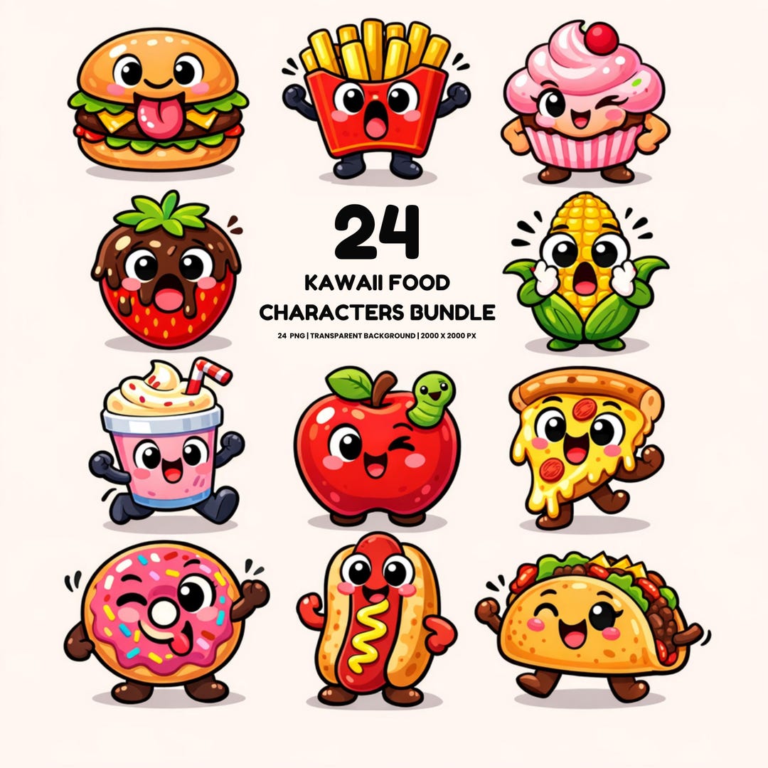 Kawaii Food Clipart Bundle, Cartoon Characters (commercial Use, Digital ...