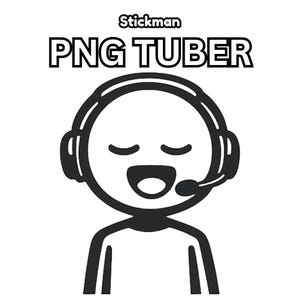 Op de afbeelding: Zwart-wit illustratie van een stokfiguur met de tekst "Stickman PNG Tuber". De figuur heeft gesloten ogen, een lachende mond en draagt een headset met een microfoon.