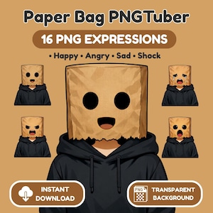 May include: Digital illustration of a paper bag character with multiple expressions, including happy, angry, sad, and shocked. The character is wearing a black hoodie. Text reads "Paper Bag PNGTuber," "16 PNG Expressions," "Instant Download," and "Transparent Background."