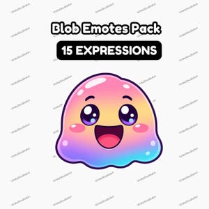 May include: A vibrant cartoon blob with a cheerful expression, in a gradient of pink, yellow, and blue. The image includes the text "Blob Emotes Pack" and "15 EXPRESSIONS" in a black banner.