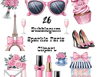 Bubblegum Sparkle Paris Clipart, Chic Pink Parisian Watercolor, Eiffel Tower Café Macarons Roses PNG Download