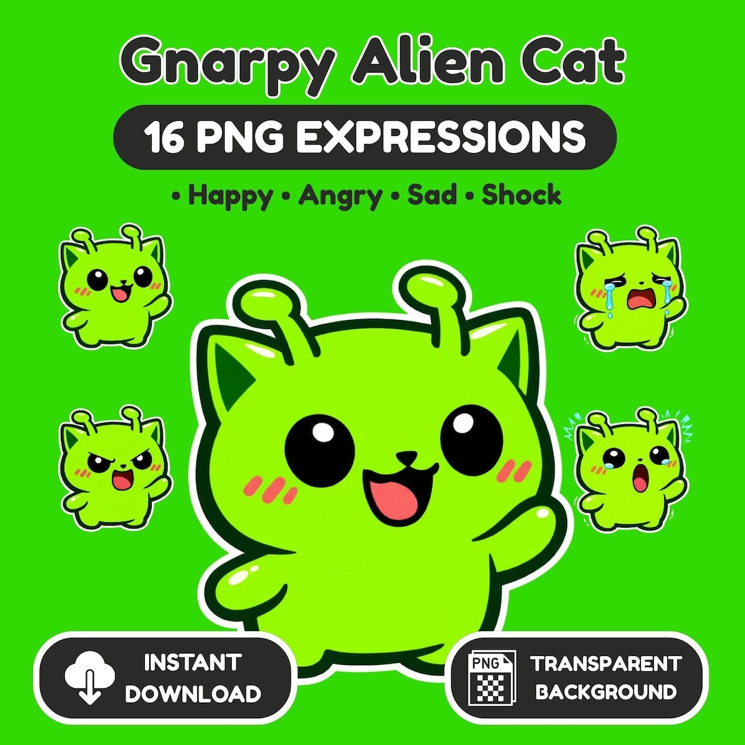 Gnarpy Alien Cat Pngtuber | 16 Expressions, Neon Green Avatar (digital ...