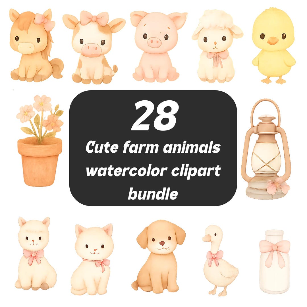 Watercolor Farm Animal Clipart Bundle, Pink Nursery Art (digital ...