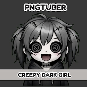 Könnte beinhalten: Graustufen-Illustration eines Cartoon-Mädchens mit Zöpfen und Spiralaugen. Das Bild enthält den Text "PNGTUBER" oben und "CREEPY DARK GIRL" unten. Das Mädchen hat Stiche auf dem Kopf und einen genähten Hals.
