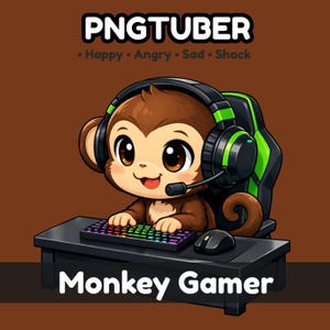 May include: Cartoon illustration of a monkey gamer wearing a headset and sitting at a desk with a keyboard and mouse. The image includes the text "PNGTUBER" and "Monkey Gamer". The background is brown.