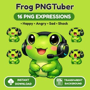 May include: A digital illustration features a cartoon frog character with large eyes, wearing a headset. The image includes the text "Frog PNGTuber" and "16 PNG EXPRESSIONS" with expressions like "Happy" and "Angry". The background is a light green.