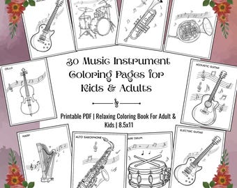 Music Instrument Coloring Book: 30 Printable Pages for Kids & Adults (PDF Download 8.5x11)