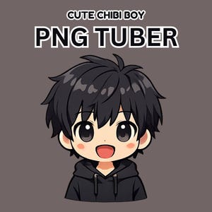 May include: Illustration of a cute chibi boy with black hair and a black hoodie. The image includes the text "CUTE CHIBI BOY" and "PNG TUBER" in white letters on a gray background. The boy has large eyes and a smiling expression.