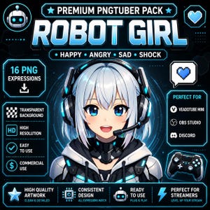 May include: A digital asset pack featuring a white-haired anime-style robot character wearing a headset with a microphone. The graphic includes text labels like PREMIUM PNGTUBER PACK, ROBOT GIRL, 16 PNG EXPRESSIONS, and various icons.