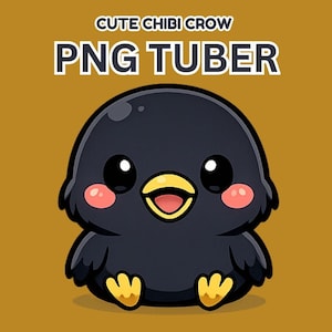 Puede incluir: Ilustración de un cuervo chibi con grandes ojos negros, mejillas rosas y un pico amarillo. El cuervo es negro con patas amarillas. El texto "CUTE CHIBI CROW PNG TUBER" está en blanco sobre un fondo dorado.