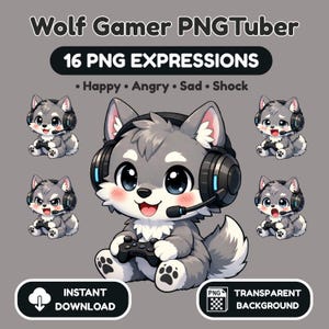 May include: A digital art graphic featuring a cartoon wolf character with gray fur, wearing a headset and holding a game controller. The image includes the text "Wolf Gamer PNGTuber" and "16 PNG EXPRESSIONS". Additional text includes "Instant Download" and "Transparent Background".