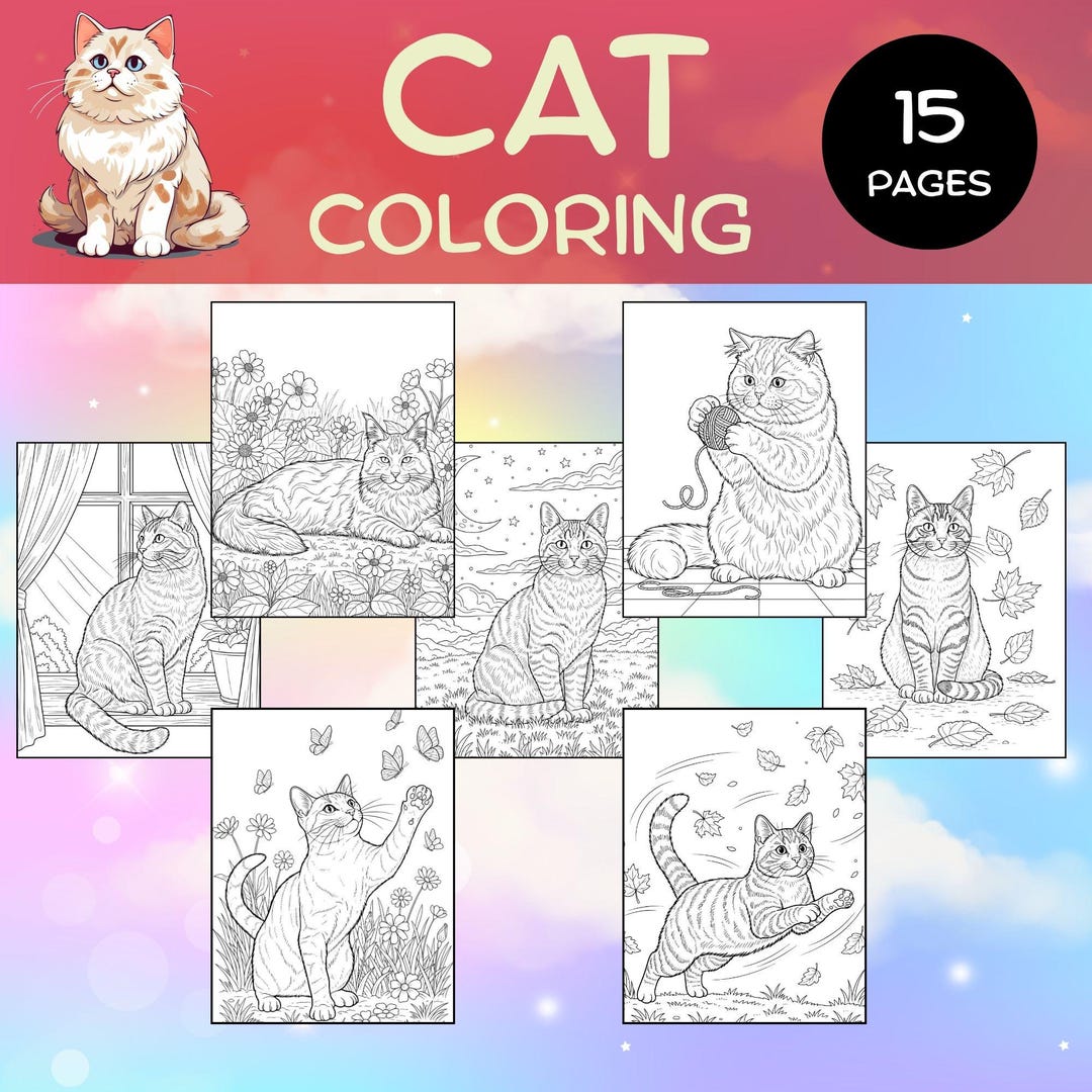 15 Cat Coloring Pages for Kids &amp; Adults | Printable Cat Coloring Book ...