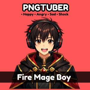 May include: An anime-style illustration of a smiling character wearing a headset with a microphone. The character is a Fire Mage Boy, with brown hair and eyes, and is set against a red background. The image includes the text "PNGTUBER" and emotion labels.