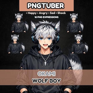 May include: A digital character set titled PNGTUBER OKAMI WOLF BOY featuring 16 PNG expressions. The central figure is an anime-style character with white hair, wolf ears, and blue eyes, wearing a black hoodie, headphones, and a silver necklace.
