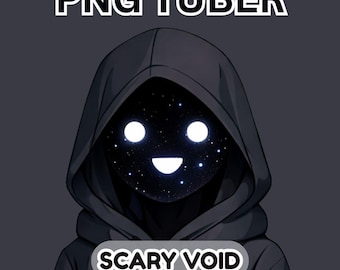 Puede incluir: Ilustración digital de un personaje con una capucha negra y una cara de vacío estrellado con ojos blancos brillantes y una sonrisa. El texto "PNG TUBER" está arriba y "SCARY VOID" abajo.