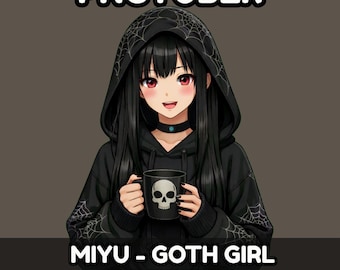 May include: An anime-style illustration of a girl with long black hair and red eyes, wearing a black hoodie with a spiderweb design. She holds a black mug with a skull on it. The text "PNGTUBER" and "MIYU - GOTH GIRL" are displayed.