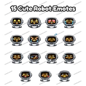 May include: A collection of 15 cute robot emotes with various expressions. Each robot has a silver body and a screen displaying different emotions, such as hearts, tears, and winking. The text "15 Cute Robot Emotes" is at the top.
