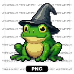 May include: Pixelated green frog wearing a black witch hat. The frog has yellow eyes and a light tan belly. The image is a PNG file, as indicated by the text in the bottom center.