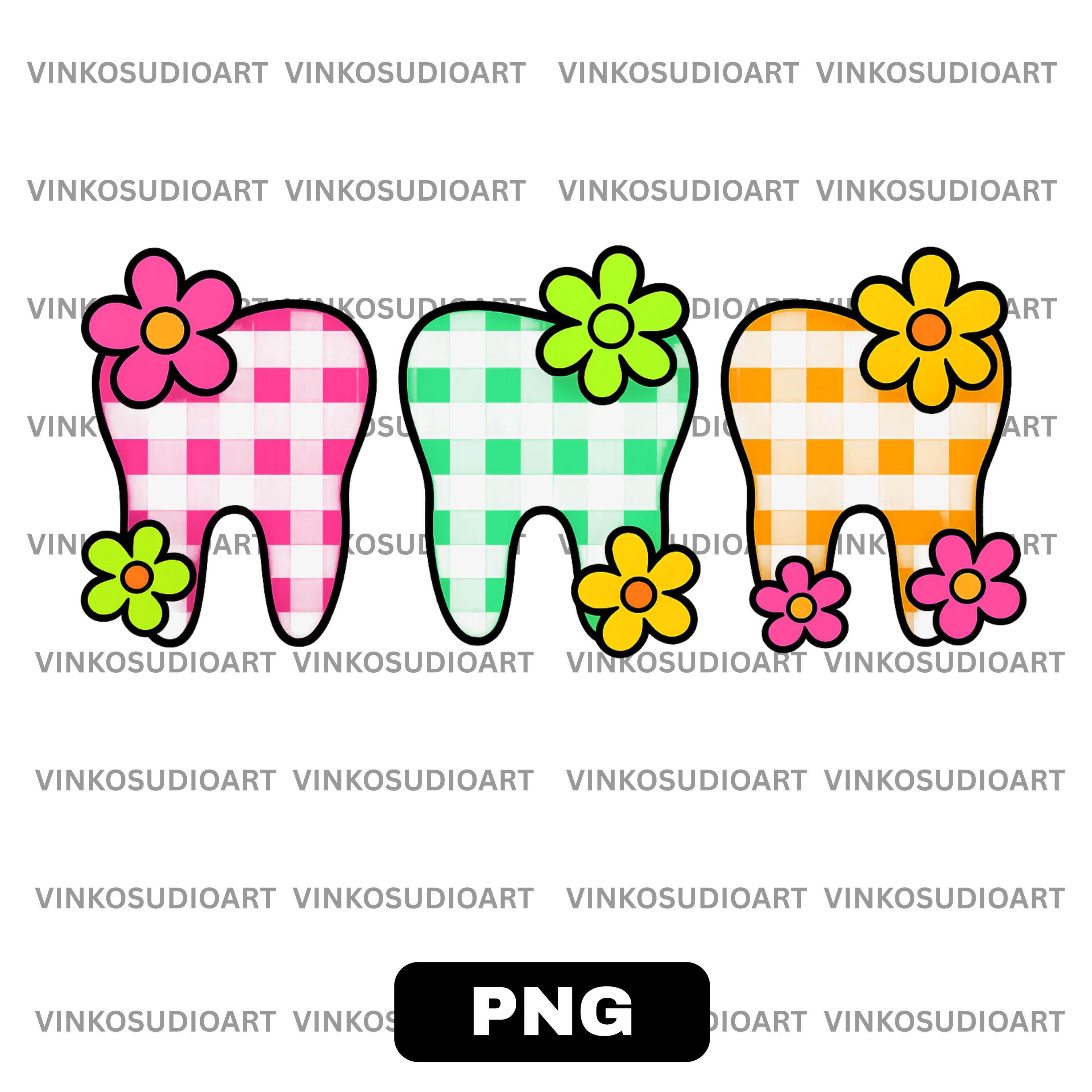 Spring Dental Teeth PNG – Bright Floral Checkered Tooth Design for ...