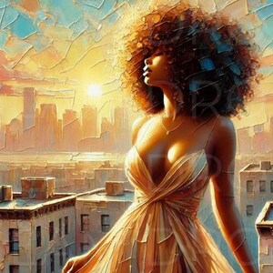 Printable Wall Art, Afro Woman Sunrise Portrait, High-Resolution PNG Digital Download, Elegant Black Woman Home & Office Decor, Black Art