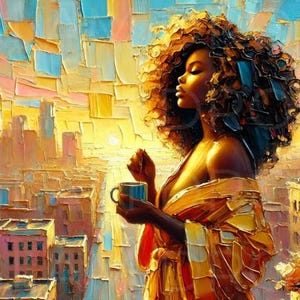 Printable Wall Art | Sunrise Afro Woman Digital Download | High-Resolution PNG | Easy to Use Home & Office Decor | Multiple Uses | Black Art