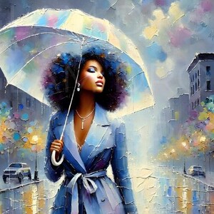 Printable Wall Art | Afro Woman in Blue Trench Rainy City | High-Resolution PNG Digital Download | Home & Office Decor | Easy to Use Artwork