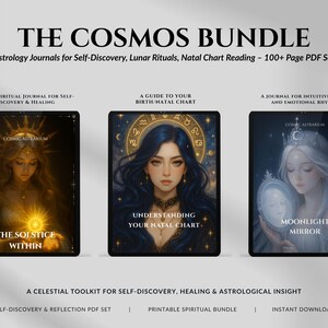 Könnte beinhalten: Das Cosmos Bundle: Digitale Astrologie-Journale für Selbstfindung, Mondrituale und Geburtshoroskop-Lesungen. Enthält drei digitale Journale mit Illustrationen von Frauen, himmlischen Themen und Text: "The Solstice Within", "Understanding Your Natal Chart" und "Moonlight Mirror".