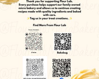 May include: A digital recipe card for semi-sweet buttercream featuring a cream background with yellow frosting swirls in the corners. The text includes a thank you note, social media tags, four QR codes for Flour Lab, and copyright info.