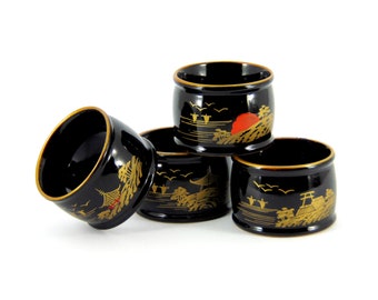 Beautiful Set of Four Vintage c.1970's Mid-Century Japanese Napkin Rings in Black Lacquered Wood Hand Decorated in Gold Tableware, Japan