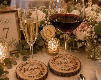 Paquete de 20 posavasos decorativos para bodas, placas con nombre personalizables (nombre, fecha y diseño). Hechos a mano.