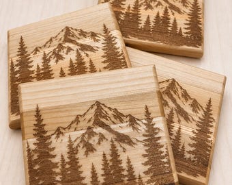 Paquete de 4 posavasos con diseño de cabaña de montaña, posavasos para whisky, posavasos para bebidas, hechos a mano por un papá de montaña, Día del Padre