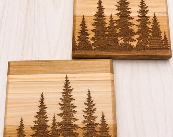 Paquete de 4 posavasos Evergreen Cabin, posavasos para whisky, posavasos para bebidas, hechos a mano por Mountain Dad, Día del Padre