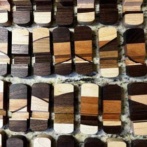 Puede incluir: Una colecci&oacute;n de piezas rectangulares de madera con extremos redondeados, cada una hecha de varios tipos de madera. Las piezas muestran una mezcla de tonos de madera claros y oscuros, incluyendo tonos de marr&oacute;n, beige y crema, dispuestos en un patr&oacute;n de mosaico. Las piezas est&aacute;n dispuestas sobre una superficie moteada.