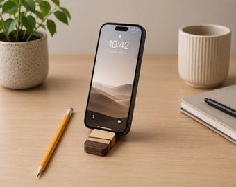 Soporte para teléfono, base de viaje compacta, accesorio de escritorio de madera maciza, madera hecha a mano.
