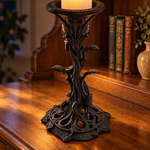 May include: A dark, matte-finished candle holder featuring a sculpted base and stem with intricate, intertwined vine and leaf motifs. The top cup holds a single, cylindrical, off-white LED pillar candle emitting a warm, soft glow.