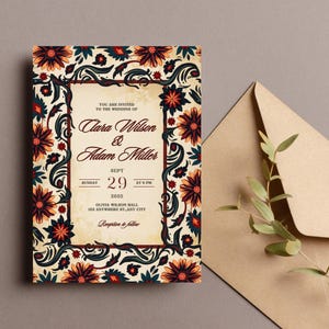 Mexican Floral Wedding Invitation Template | Boho Fiesta Editable Canva Invite | Colorful Folk Art Design
