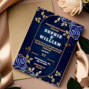 Elegant blue and gold Flowers Wedding Invitation Template, blue flower Wedding Invite, floral Printable Elegant EDITABLE Download