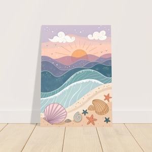 Pôster Costeiro Calmante - Ondas Pastel e Conchas - Decoração de Casa de Praia - Arte de Nostalgia de Verão A3