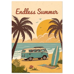 Póster de playa vintage de los años 70 - Verano infinito, VW Bus y palmeras - Decoración de pared retro A3