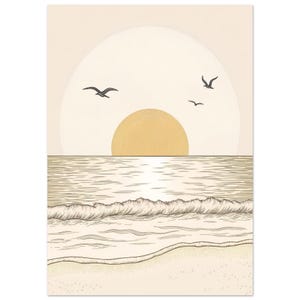 Póster minimalista de puesta de sol en el océano - Arte lineal zen - Perfecto para interiores tranquilos A3
