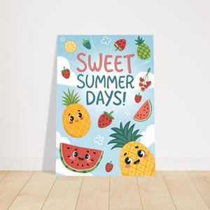 Poster "Dolci giorni d'estate" - Arte di frutta giocosa con cartoni animati - Decorazione colorata per bambini e adulti, formato A3