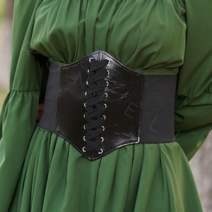 Vegan Leather Medieval Corset Belt for Women– Elastic Waist Cincher, Renaissance Costume, Vintage Laced Gothic Waistband Corset Dress