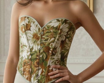 Vintage Floral Tapestry Corset Top – Flower & Yellow-Green Bustier, Renaissance Cottagecore Outfit