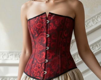 Red Brocade Vintage Corset Top – Renaissance Gothic Bustier Outfit