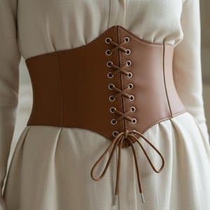 Brown Leather Corset Belt – Lace Up Elastic Waist Cincher