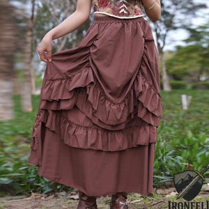 Brown Ruffled Renaissance Maxi Skirt: Cottagecore Costume Wear