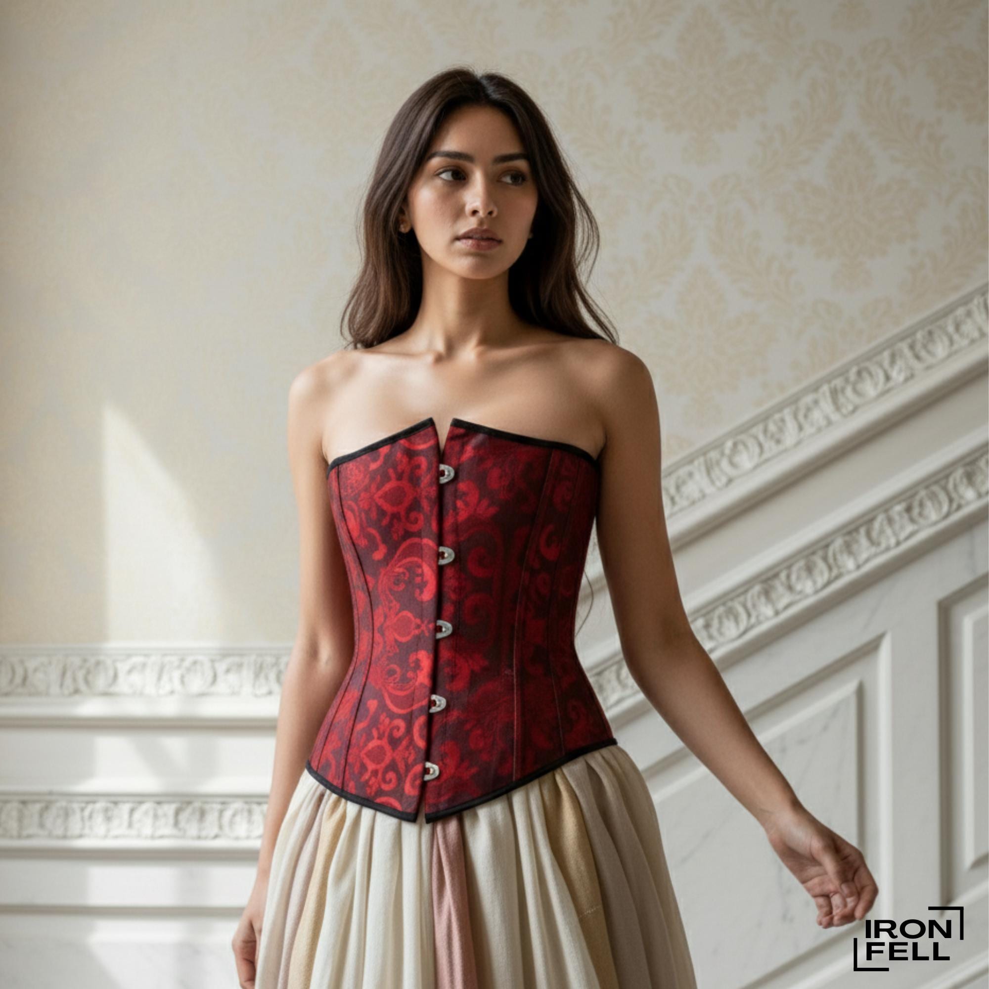 Red Brocade Vintage Corset Top – Renaissance Gothic Bustier Outfit